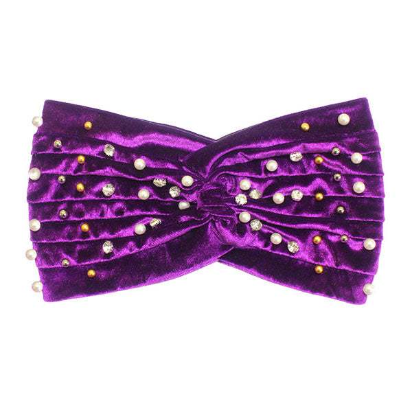 Crystal Pearl Detailed Twisted Velvet Headband Earmuff - Madeline Love - Flyclothing LLC