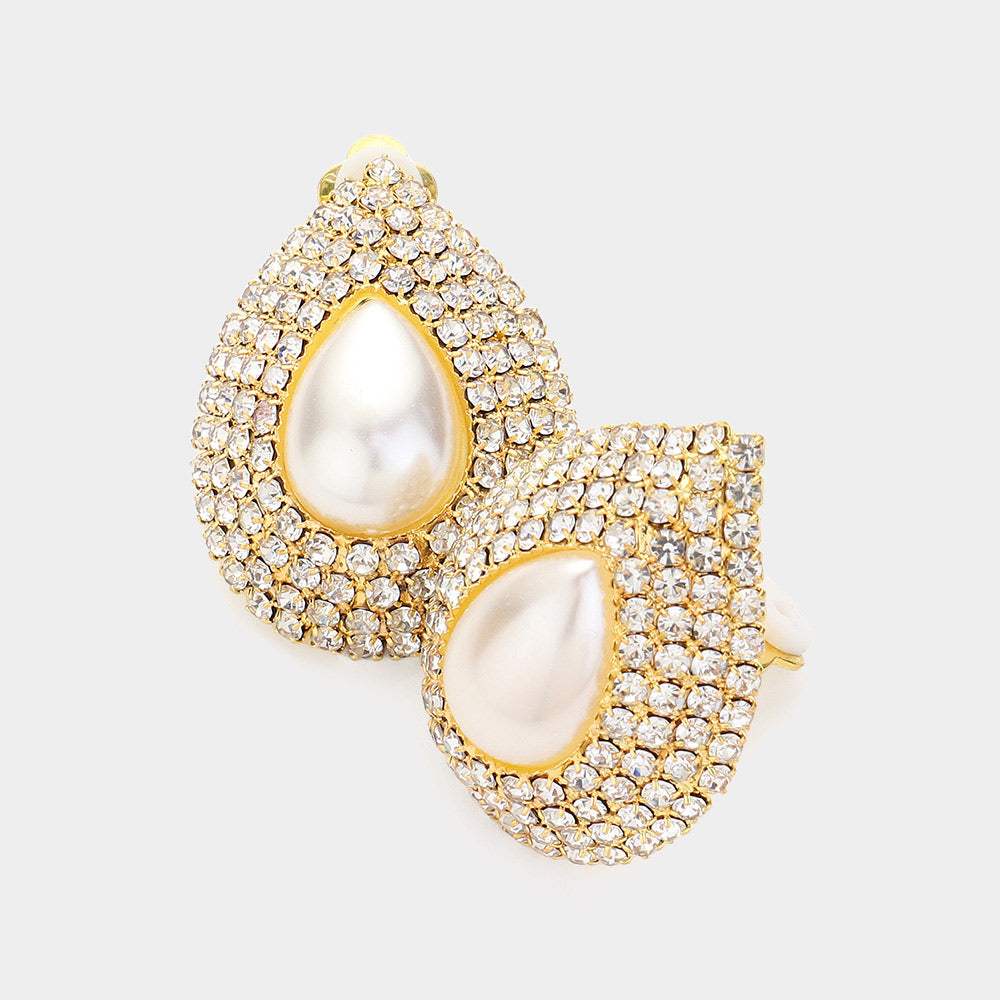 Crystal pearl teardrop clip on earrings - Madeline Love - Flyclothing LLC