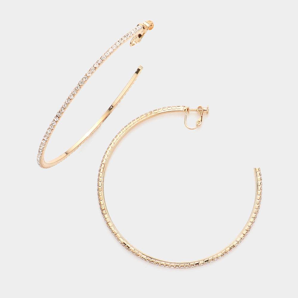 Crystal Rhinestone 3.3 Inch Hoop Clip on Earrings - Madeline Love - Flyclothing LLC