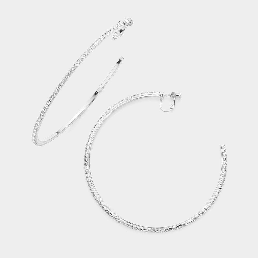 Crystal Rhinestone 3.3 Inch Hoop Clip on Earrings - Madeline Love - Flyclothing LLC