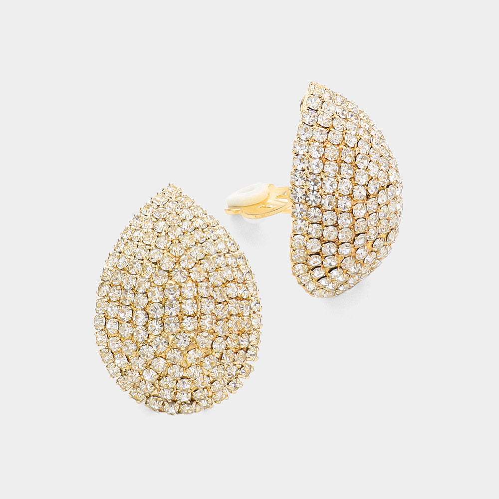 Crystal Rhinestone Teardrop Dome Clip On Earrings - Madeline Love - Flyclothing LLC