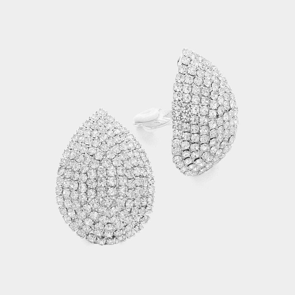 Crystal Rhinestone Teardrop Dome Clip On Earrings - Madeline Love - Flyclothing LLC