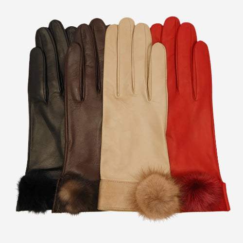CS4033 (brown) - Women's Italian Silk Lined Lambskin Leather Gloves with Mink PomPom