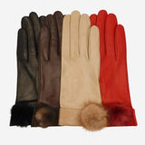 CS4033 (brown) - Women's Italian Silk Lined Lambskin Leather Gloves with Mink PomPom