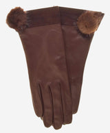 CS4033 (brown) - Women's Italian Silk Lined Lambskin Leather Gloves with Mink PomPom