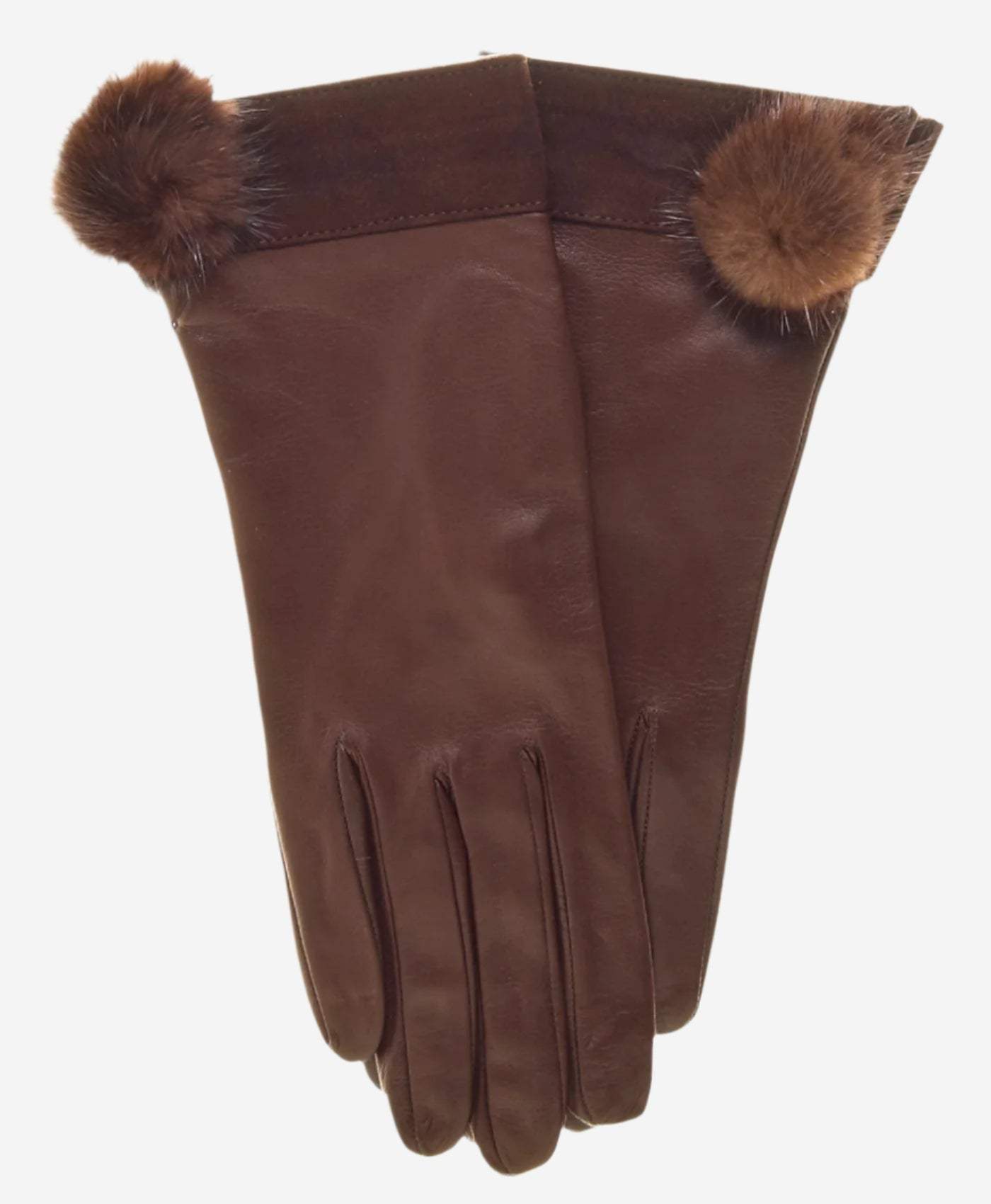 CS4033 (brown) - Women's Italian Silk Lined Lambskin Leather Gloves with Mink PomPom