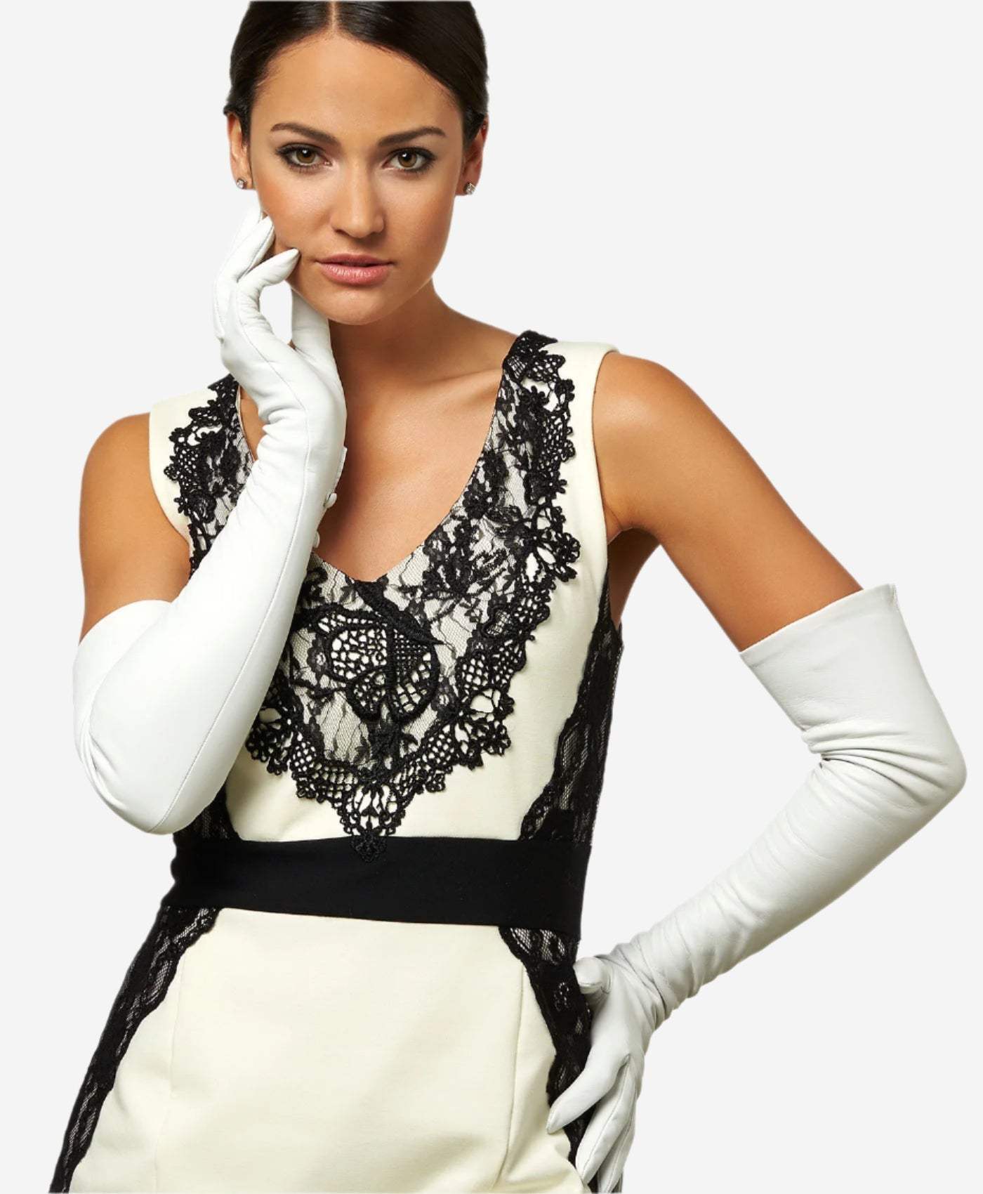 Angelina (ivory) - Italian silk lined 16-button length leather bridal / opera gloves