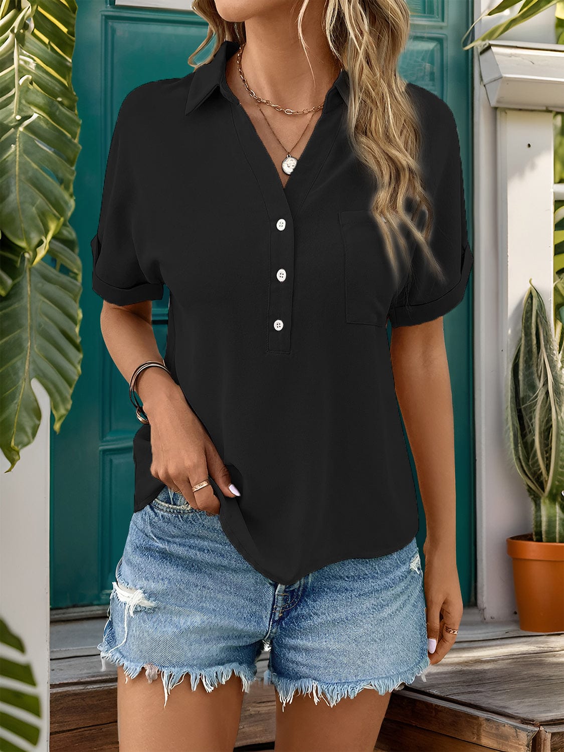 Johnny Collar Half Sleeve Blouse - Trendsi