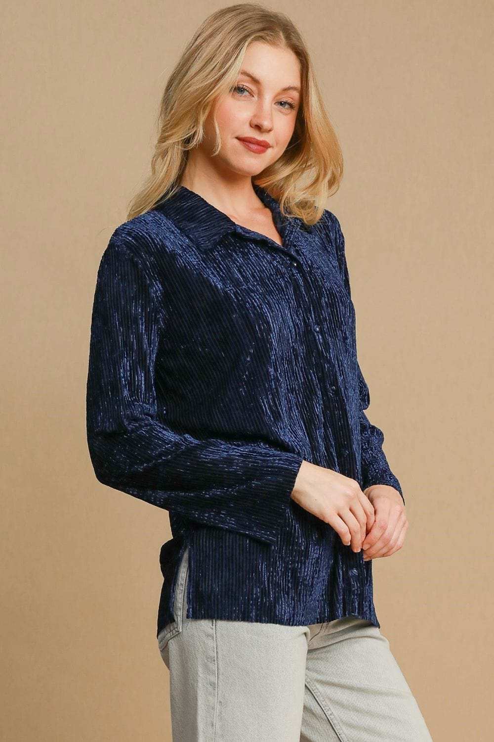 Umgee Side Slit Texture Button Up Shirt - Trendsi - Flyclothing LLC