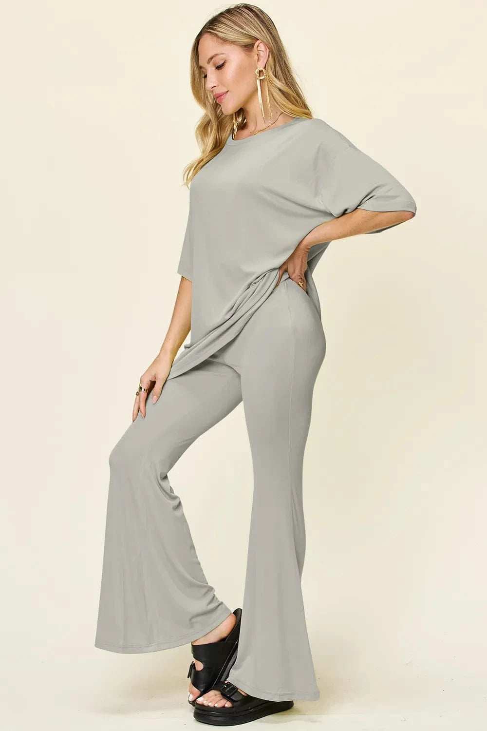Double Take Full Size Round Neck Drop Shoulder T-Shirt and Flare Pants Set - Trendsi - Flyclothing LLC