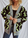 Contrast Trim Geometric V-Neck Long Sleeve Cardigan - Trendsi - Flyclothing LLC
