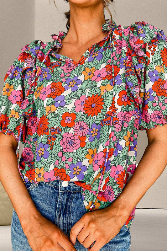 Ruffled Printed Tie Neck Short Sleeve Blouse - Trendsi - Flyclothing LLC