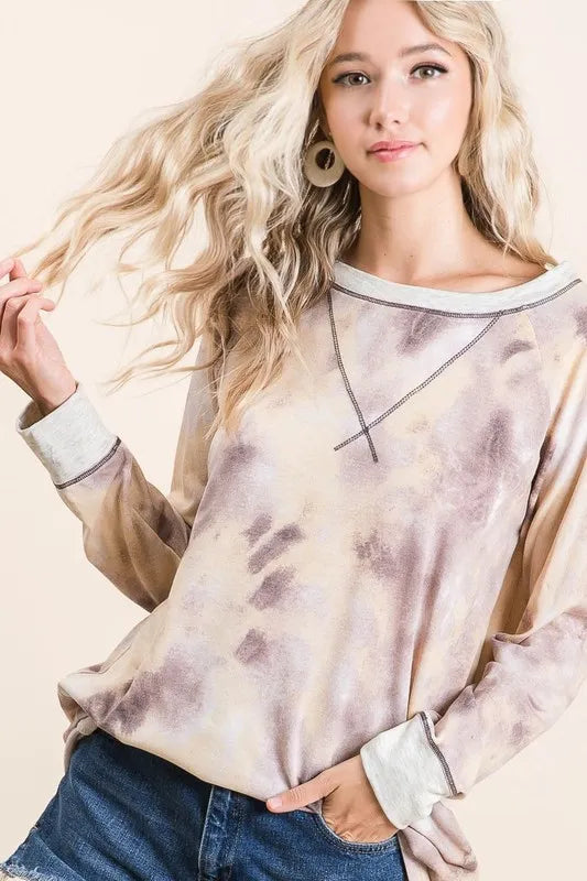 BiBi Tie Dye Terry Pull Over With Contrast Stitching - Trendsi - Flyclothing LLC