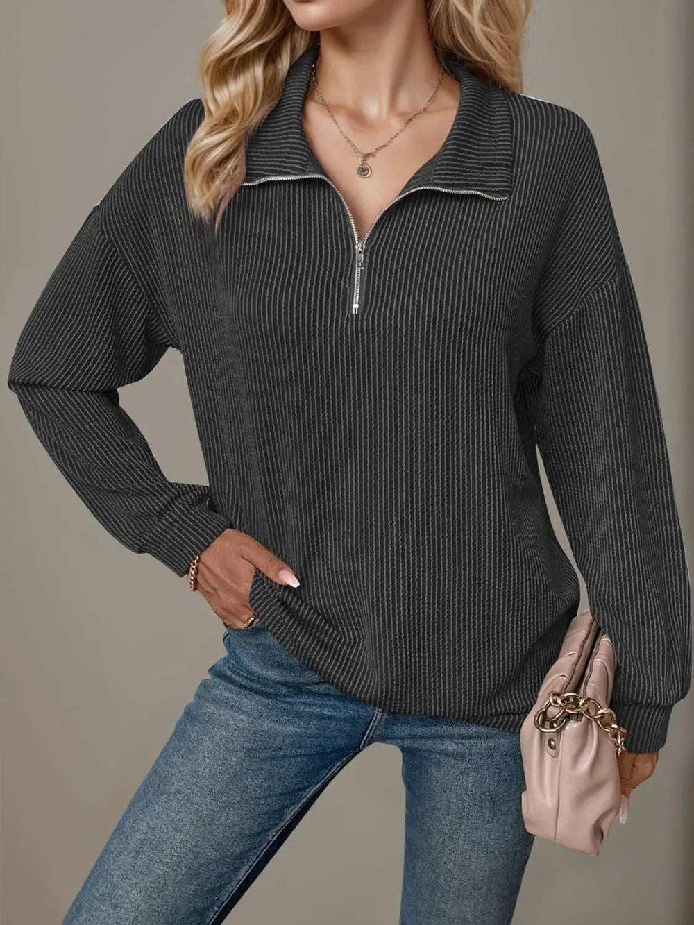 Double Take Striped Half Zip Long Sleeve T-Shirt - Trendsi - Flyclothing LLC