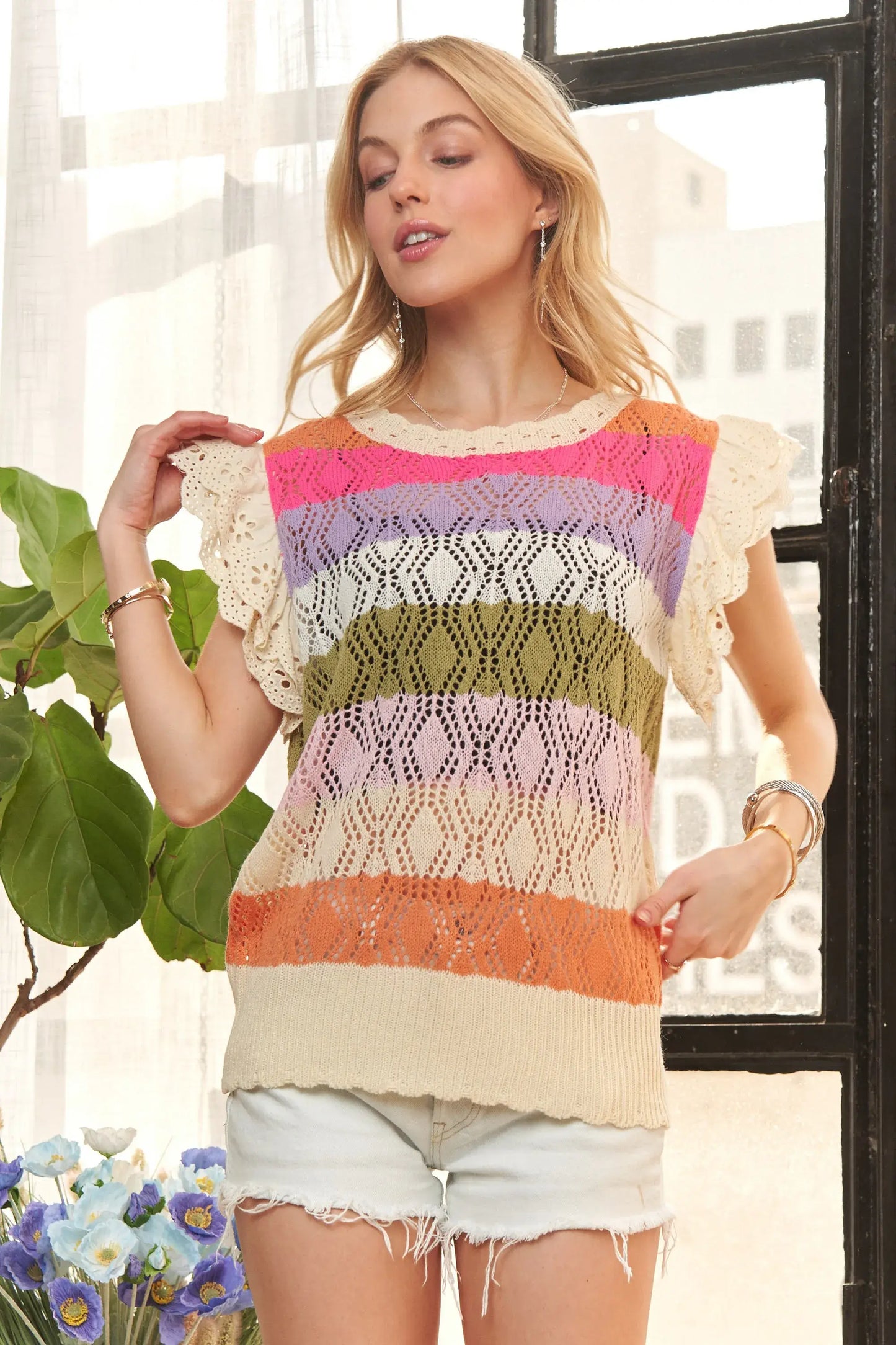 ADORA Eyelet Sleeve Multi Color Crochet Top - Trendsi - Flyclothing LLC