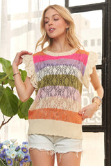 ADORA Eyelet Sleeve Multi Color Crochet Top - Trendsi - Flyclothing LLC