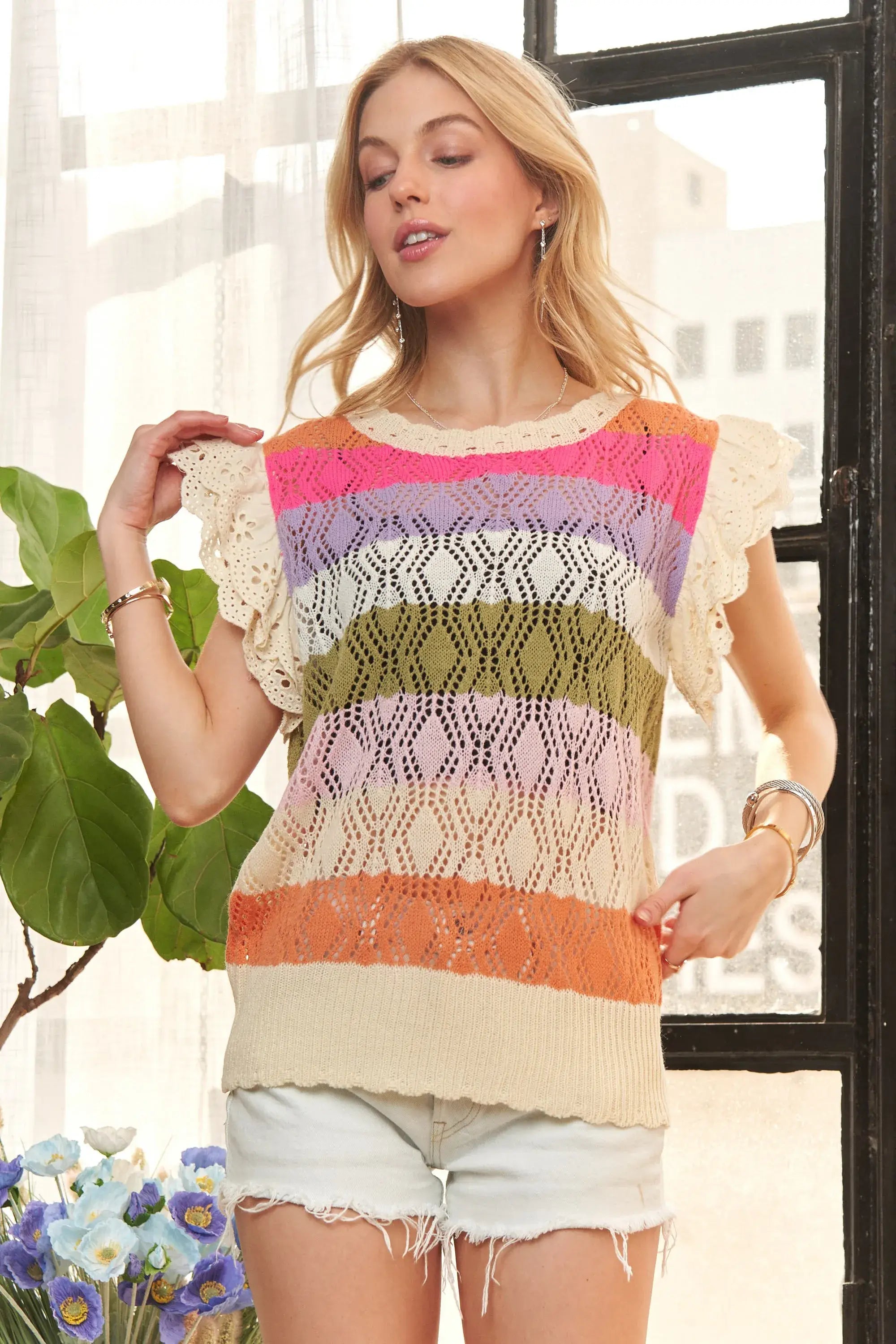 ADORA Eyelet Sleeve Multi Color Crochet Top - Trendsi - Flyclothing LLC