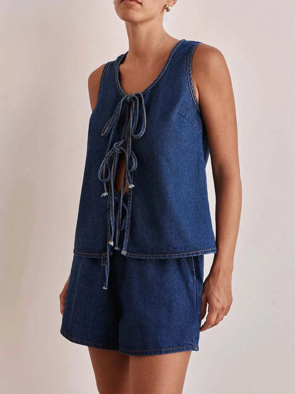 Tie Front Vest and Shorts Denim Set - Trendsi - Flyclothing LLC