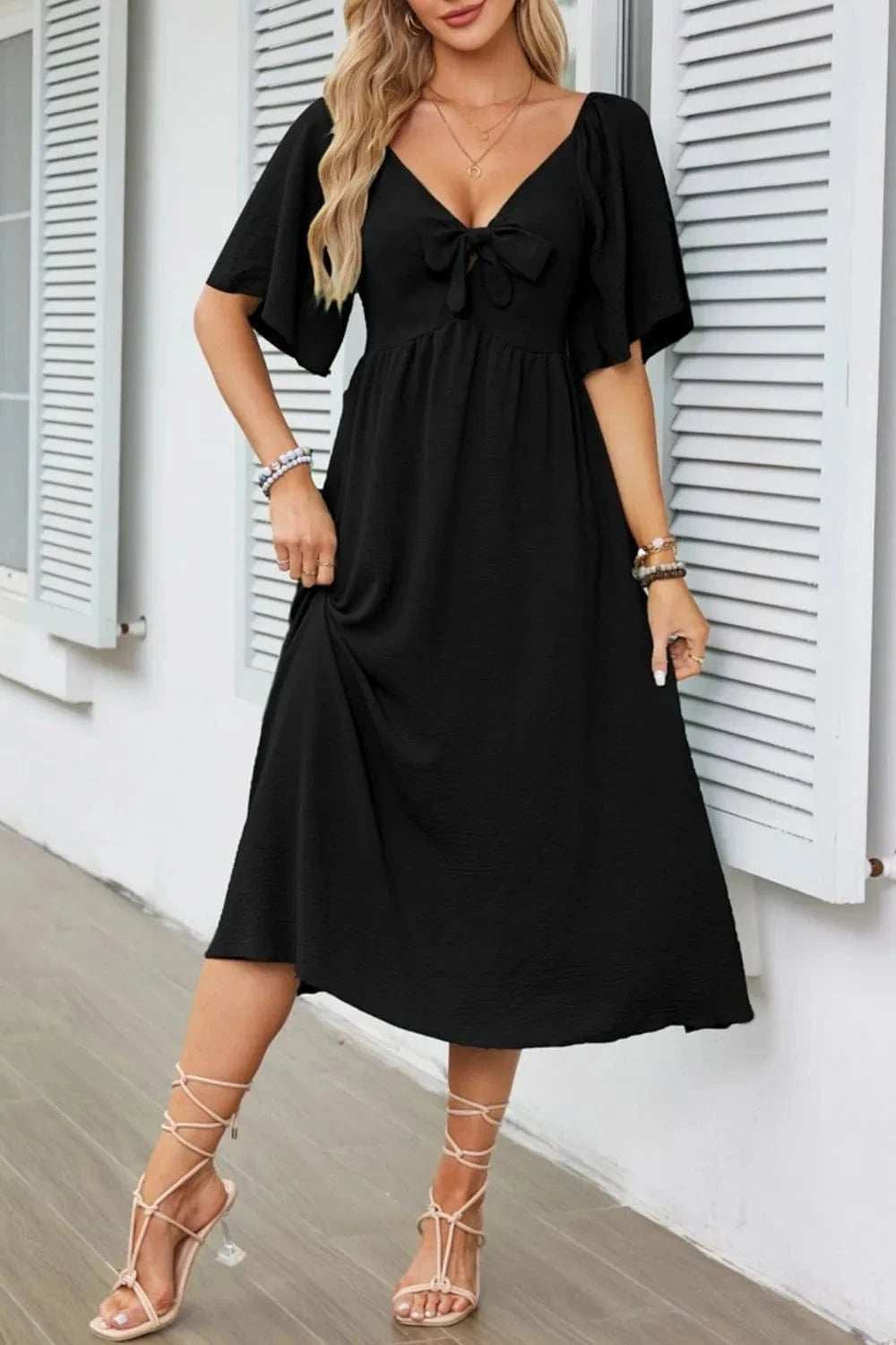 Smocked Tie Front Flutter Sleeve Midi Dress - Trendsi - Flyclothing LLC