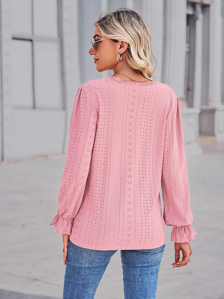 Eyelet V-Neck Flounce Sleeve Blouse - Trendsi - Flyclothing LLC