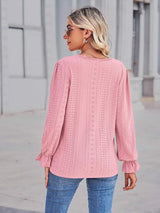 Eyelet V-Neck Flounce Sleeve Blouse - Trendsi - Flyclothing LLC