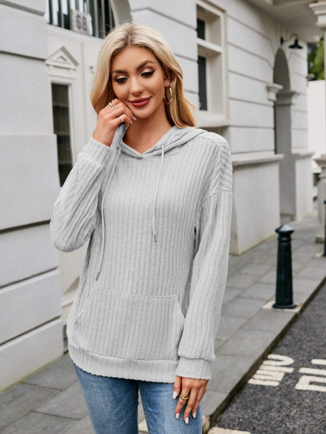 Ribbed Drawstring Long Sleeve Hoodie - Trendsi - Flyclothing LLC