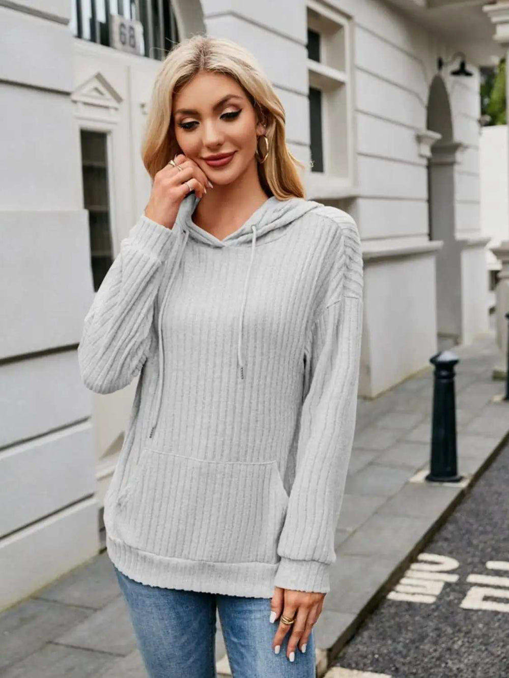 Ribbed Drawstring Long Sleeve Hoodie - Trendsi - Flyclothing LLC