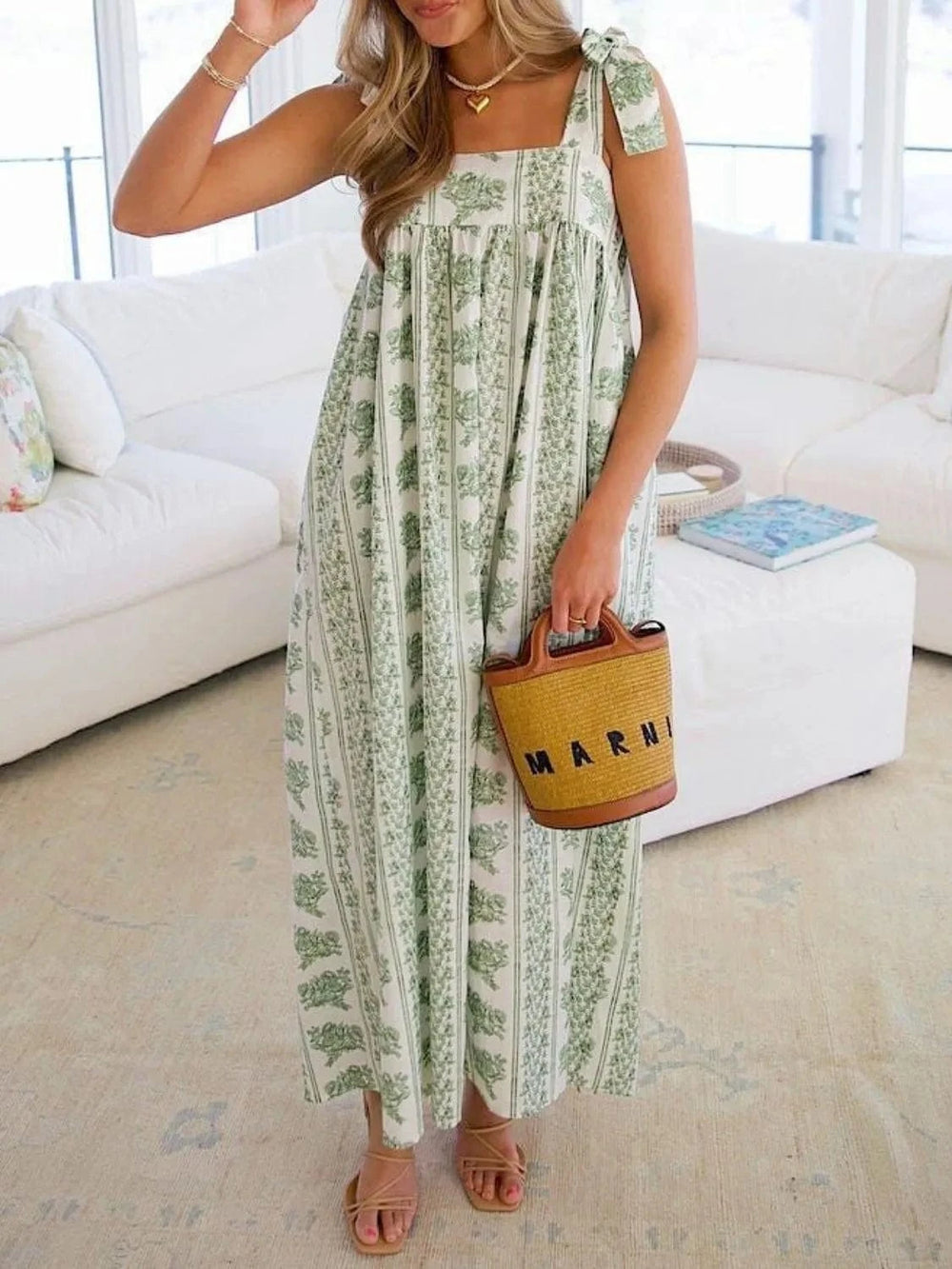 Printed Tie Shoulder Square Neck Midi Dress - Trendsi