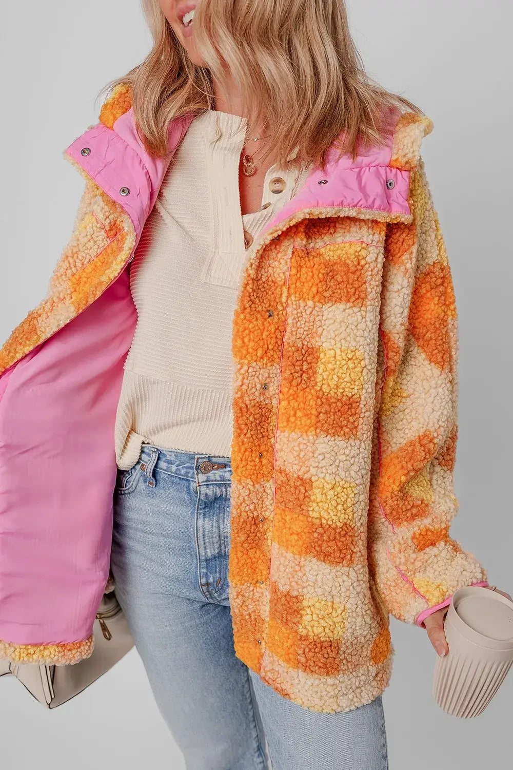 Checkered Long Sleeve Sherpa Hooded Jacket - Trendsi - Flyclothing LLC