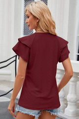 Eyelet Notched Flutter Sleeve T-Shirt - Trendsi - Flyclothing LLC