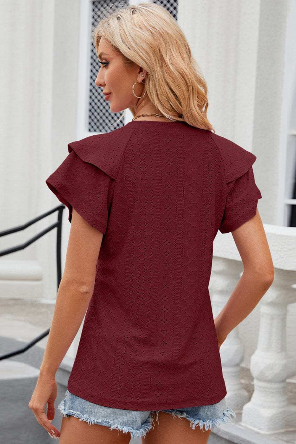Eyelet Notched Flutter Sleeve T-Shirt - Trendsi - Flyclothing LLC