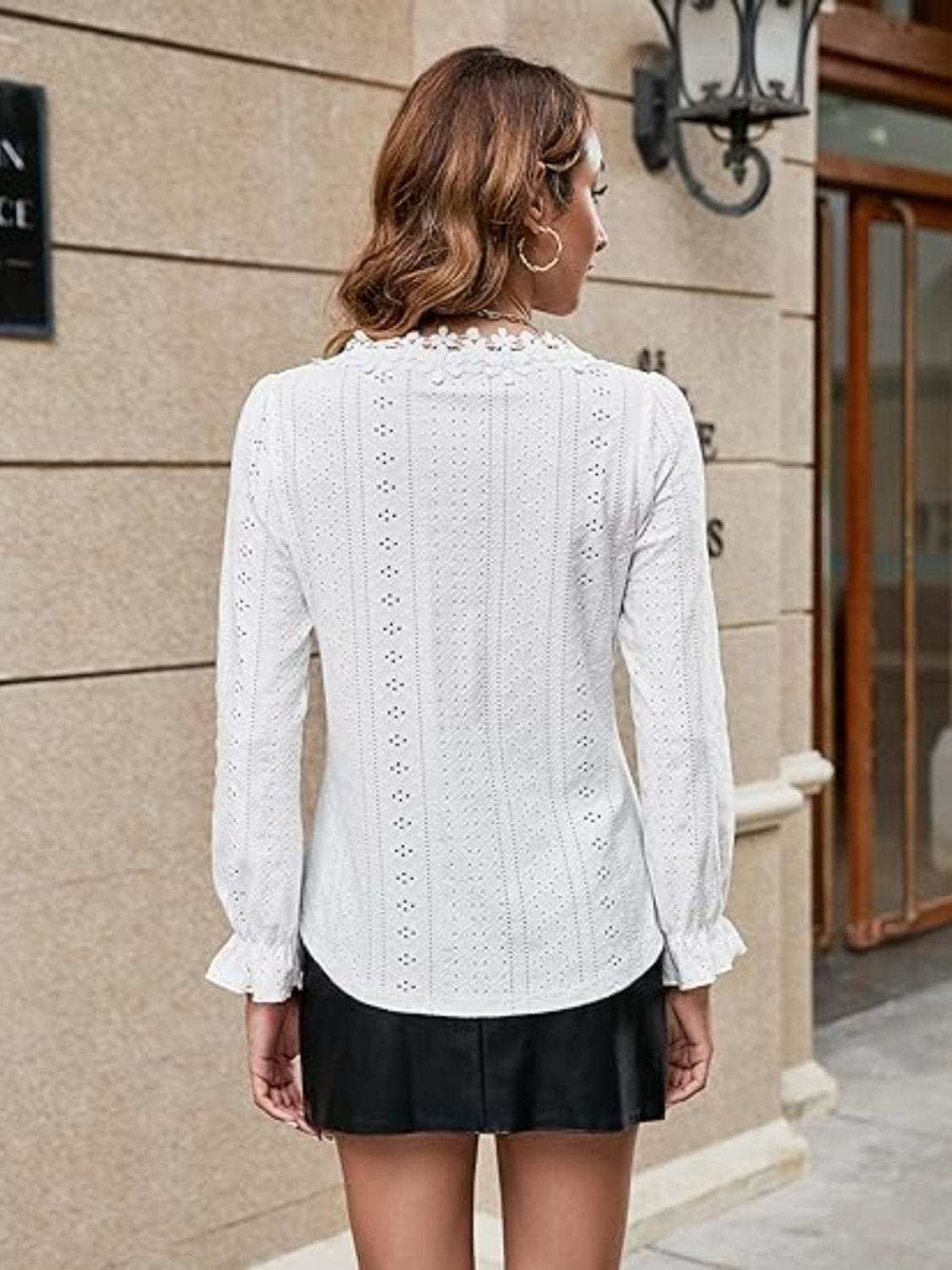 Lace Detail Eyelet V-Neck Flounce Sleeve Blouse - Trendsi - Flyclothing LLC