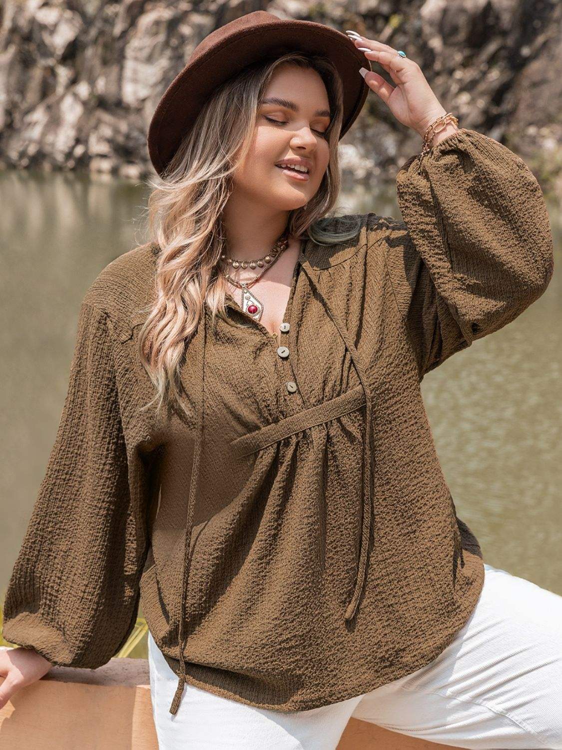 Plus Size Tie Neck Long Sleeve Blouse - Trendsi - Flyclothing LLC