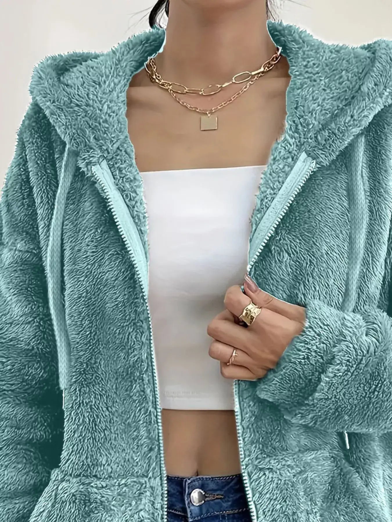 Drawstring Fleece Zip-Up Outerwear - Trendsi - Flyclothing LLC