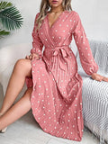Tied Polka Dot Long Sleeve Midi Dress - Trendsi