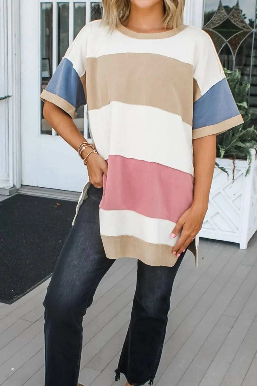 Color Block Patchwork Side Split Tunic T Shirt - Trendsi - Flyclothing LLC