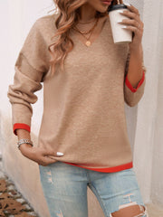 Devine Contrast Trim V-Neck Dropped Shoulder Sweater - Trendsi