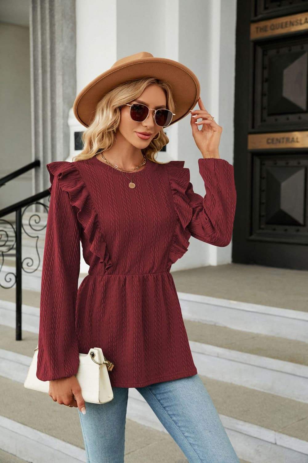 Round Neck Ruffled Peplum Blouse - Trendsi - Flyclothing LLC