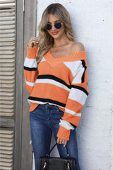 Color Block V-Neck Dropped Shoulder Sweater - Trendsi - Flyclothing LLC