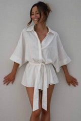 Tied Button Up Collared Neck Romper - Trendsi - Flyclothing LLC