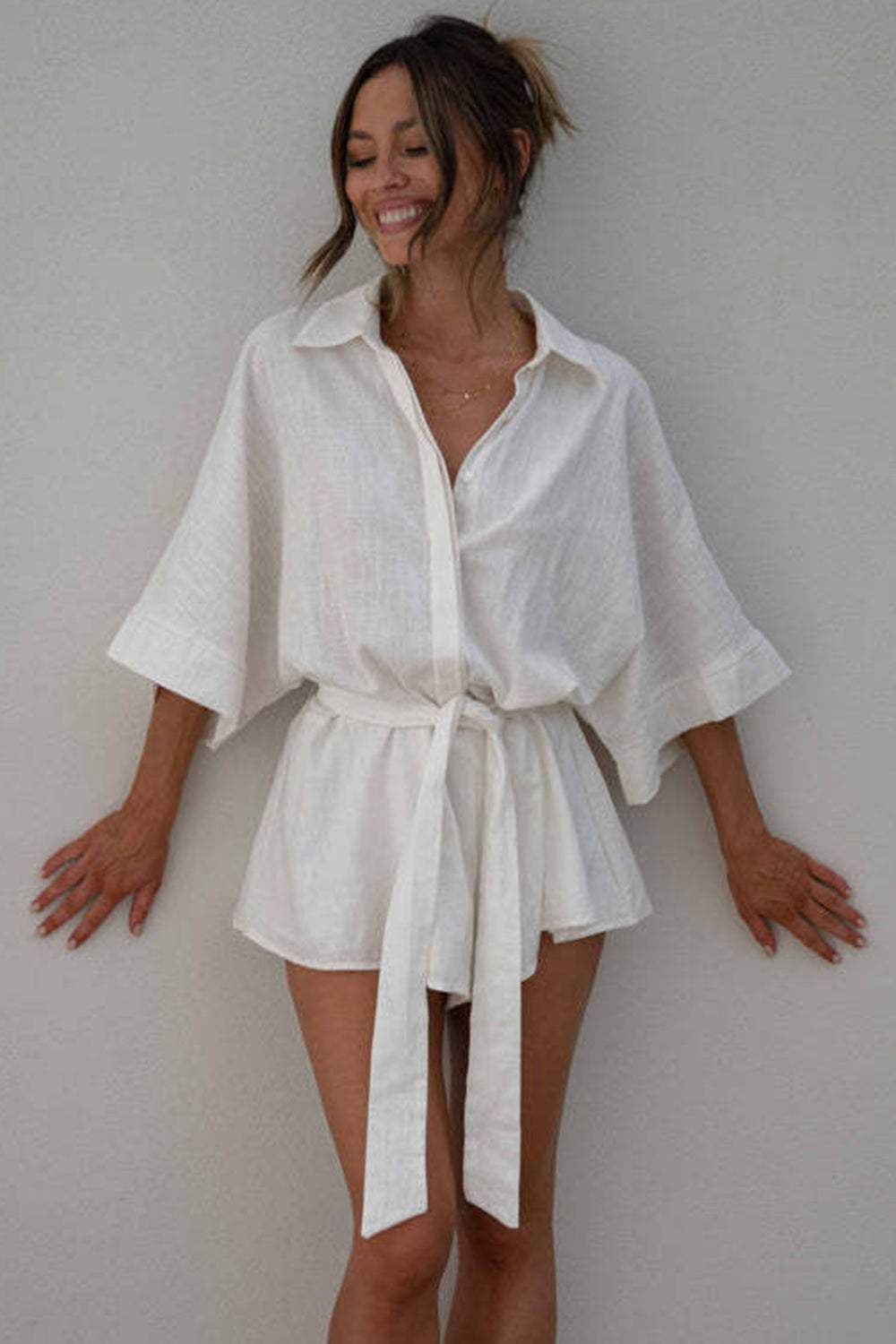 Tied Button Up Collared Neck Romper - Trendsi - Flyclothing LLC