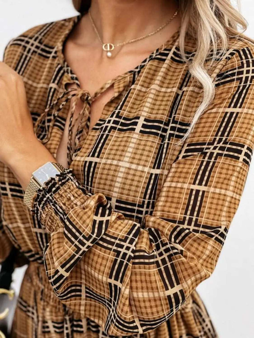 Slit Plaid Tie Neck Long Sleeve Maxi Dress - Trendsi - Flyclothing LLC