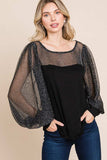 Super Lady Full Size Metallic Mesh Lantern Sleeve Blouse - Trendsi - Flyclothing LLC