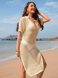 Slit Openwork Johnny Collar Short Sleeve Cover-Up - Trendsi - Flyclothing LLC