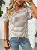 Striped Notched Short Sleeve T-Shirt - Trendsi - Flyclothing LLC