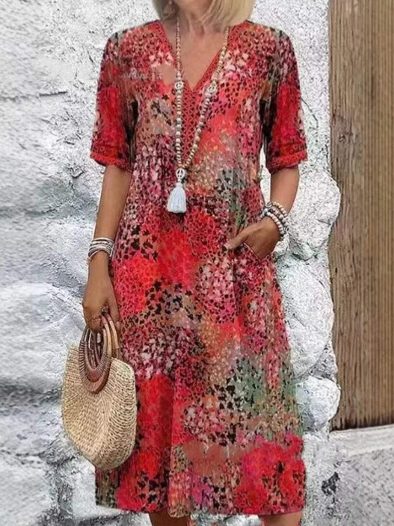 Full Size Printed V-Neck Half Sleeve Dress Plus Size - Trendsi - Flyclothing LLC