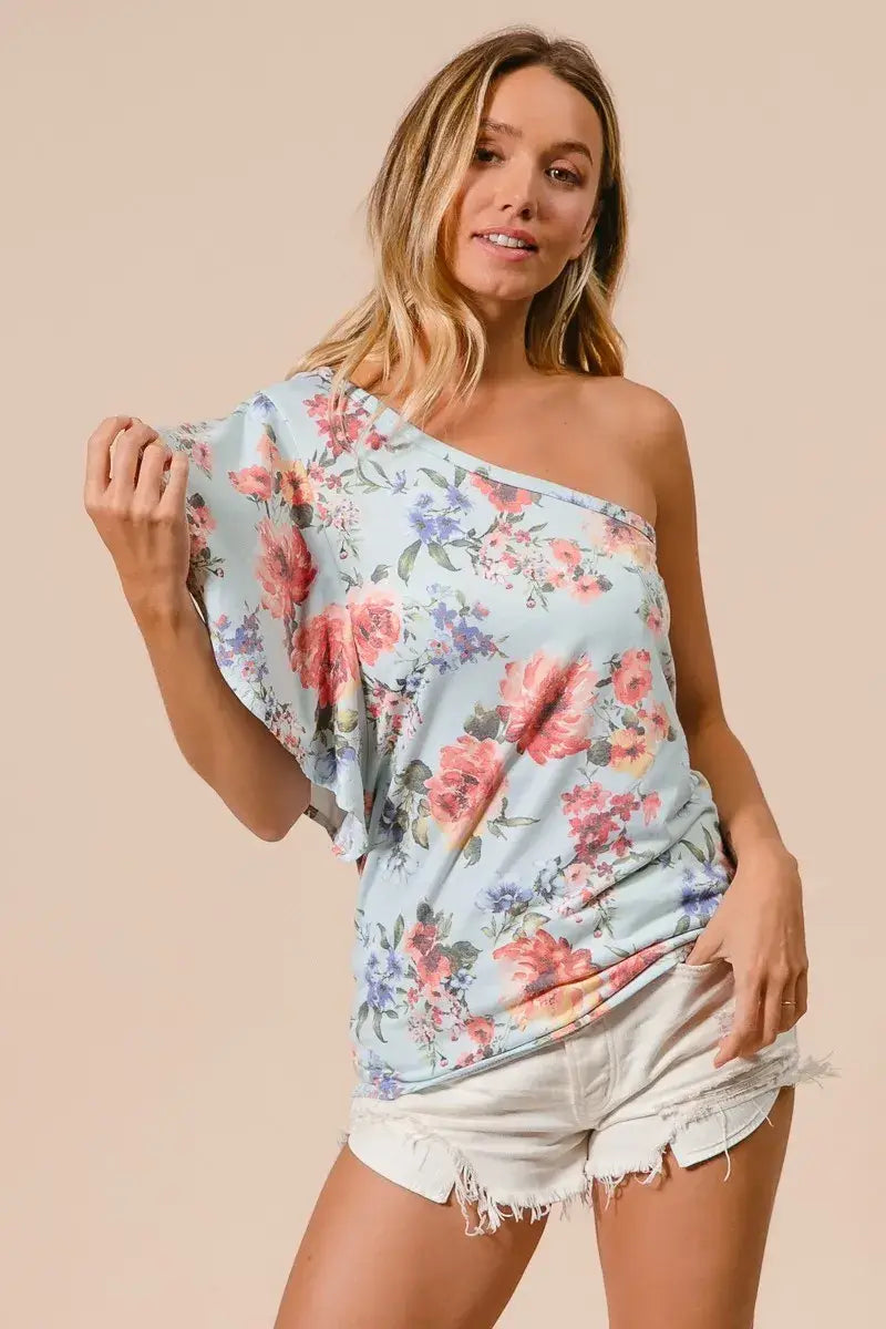BiBi Floral Printed Jersey Knit Ruffle Sleeve Top - Trendsi - Flyclothing LLC