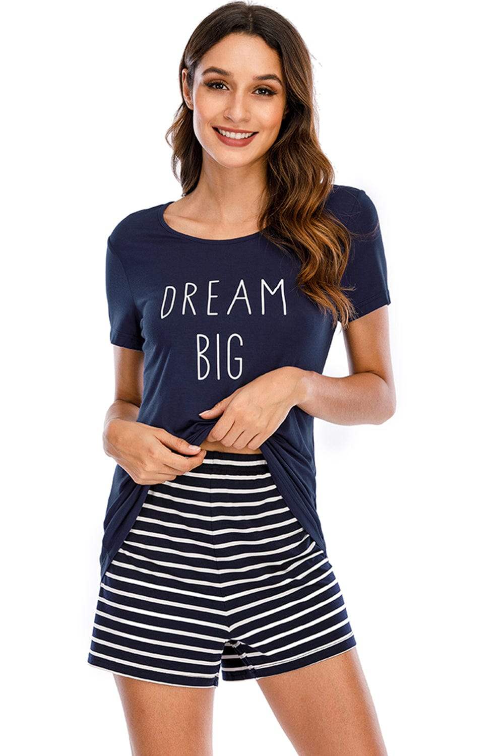 Graphic Round Neck Top and Striped Shorts Lounge Set - Trendsi - Flyclothing LLC
