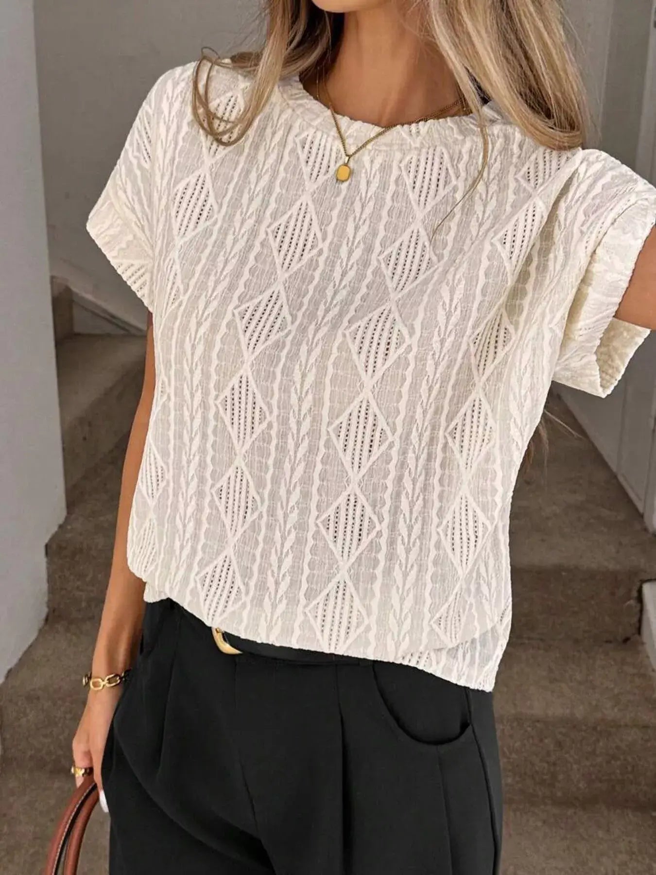 Diamond Pattern Round Neck Top - Trendsi - Flyclothing LLC