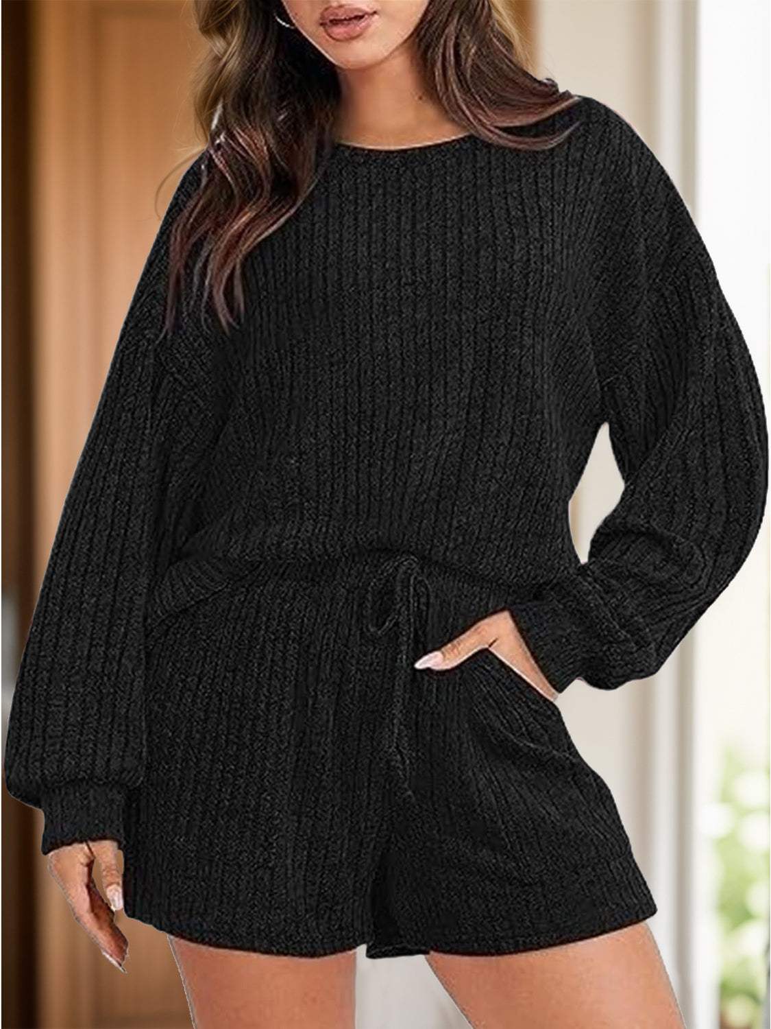 Round Neck Dropped Shoulder Top and Shorts Set - Trendsi - Flyclothing LLC